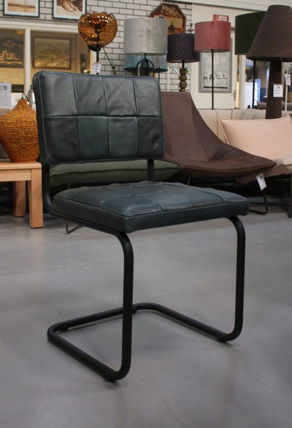 5 eetkamerstoelen Nelson Patch Jess design sledestoel metaal leer groen luxor navy blue industrieel hal54