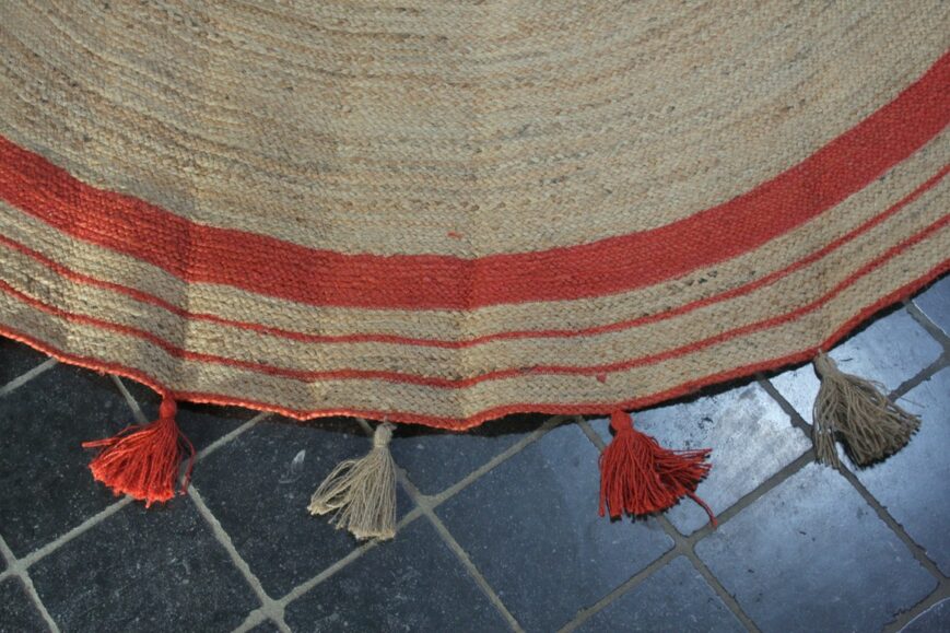 Vloerkleed Jute naturel & rood met franjes Ø240 - Afbeelding 2