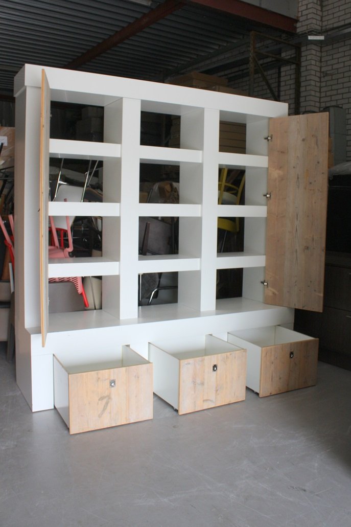 Grote wandkast wit & steigerhout - Afbeelding 2