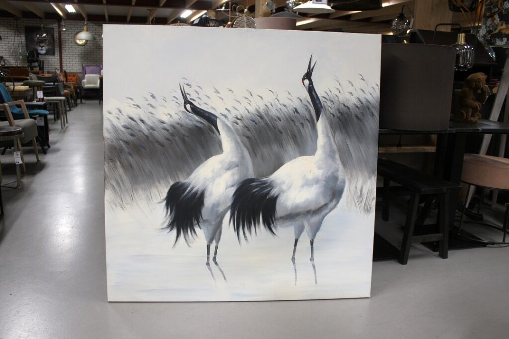 Canvas schilderij Japanse kraanvogel 120 x 120 cm.