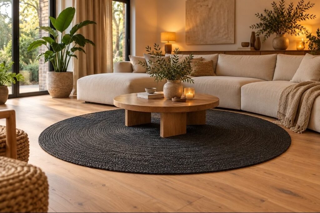 Vloerkleed Jute zwart Ø200 cm. (gratis verzending)