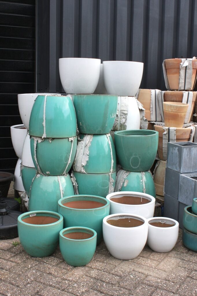 Bloempotten aardewerk geglazuurd wit & celadon (set van 3)