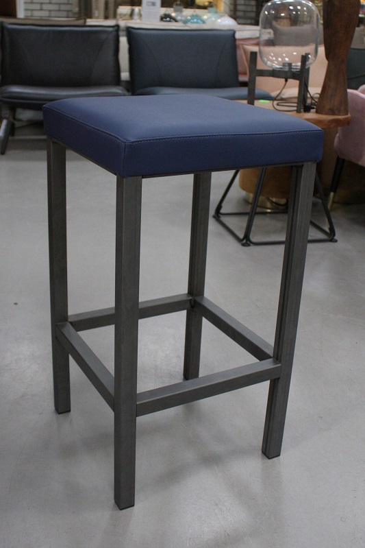 Barkruk vierkant metaal & leerlook blauw