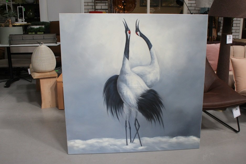 Canvas schilderij Japanse kraanvogel 120 x 120 cm.
