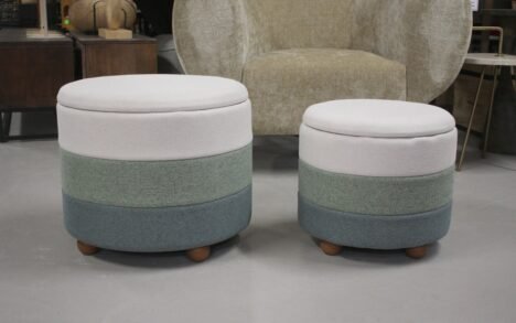 Poef rond stof groen met opbergvak (set van 2)